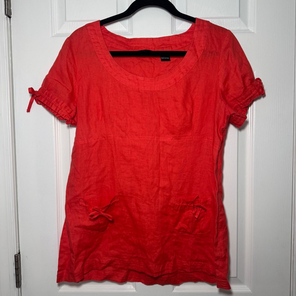 Carole Little Women Orange 100% Linen Short Sleeve Scoop Neck Pocket Blouse L